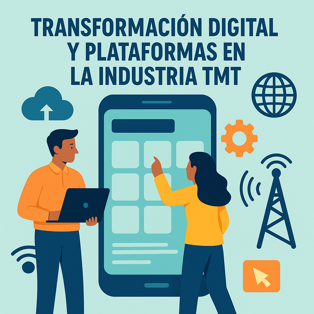 La imagen es una ilustración digital en estilo plano (flat-style) que representa el concepto de transformación digital en la industria TMT (Tecnología, Medios y Telecomunicaciones). En el centro, hay una figura humana interactuando con pantallas digitales flotantes que muestran gráficos, íconos de nube, conectividad y dispositivos móviles. Alrededor se ven elementos tecnológicos como servidores, antenas, redes y símbolos de comunicación, todos integrados en un entorno moderno y dinámico. Los colores predominantes son azules, morados y tonos cian, transmitiendo una sensación tecnológica y futurista. La escena está diseñada para comunicar innovación, conectividad y avance digital.